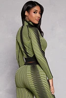 Womens Printed Seamless Half Zip Crop Top, Green, Size S-M