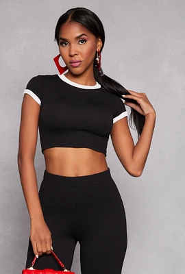 Womens Ribbed Knit Ringer Crop Top, Black, Size M