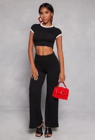 Womens Ribbed Knit Ringer Crop Top, Black, Size M