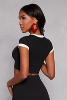 Womens Ribbed Knit Ringer Crop Top, Black, Size M