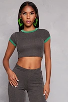 Womens Ribbed Knit Ringer Crop Top, Grey, Size M