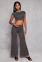 Womens Ribbed Knit Ringer Crop Top, Grey, Size M