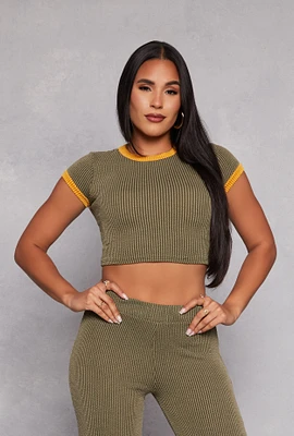 Womens Ribbed Knit Ringer Crop Top, Green, Size L