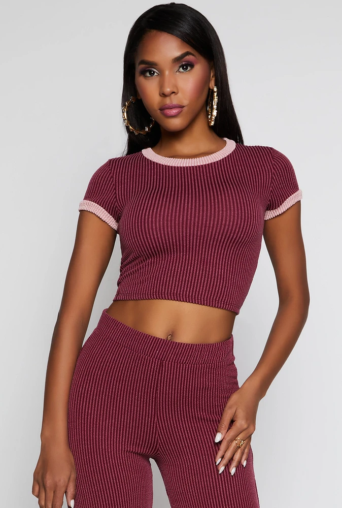 Womens Ribbed Knit Ringer Crop Top, Burgundy, Size XL