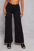 Womens High Waist Ribbed Knit Wide Leg Pants, Black, Size M