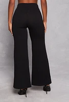 Womens High Waist Ribbed Knit Wide Leg Pants, Black, Size M