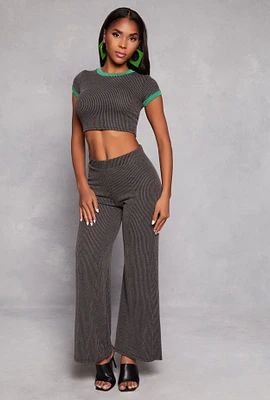 Womens High Waist Ribbed Knit Wide Leg Pants, Grey, Size S