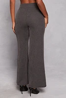 Womens High Waist Ribbed Knit Wide Leg Pants, Grey,