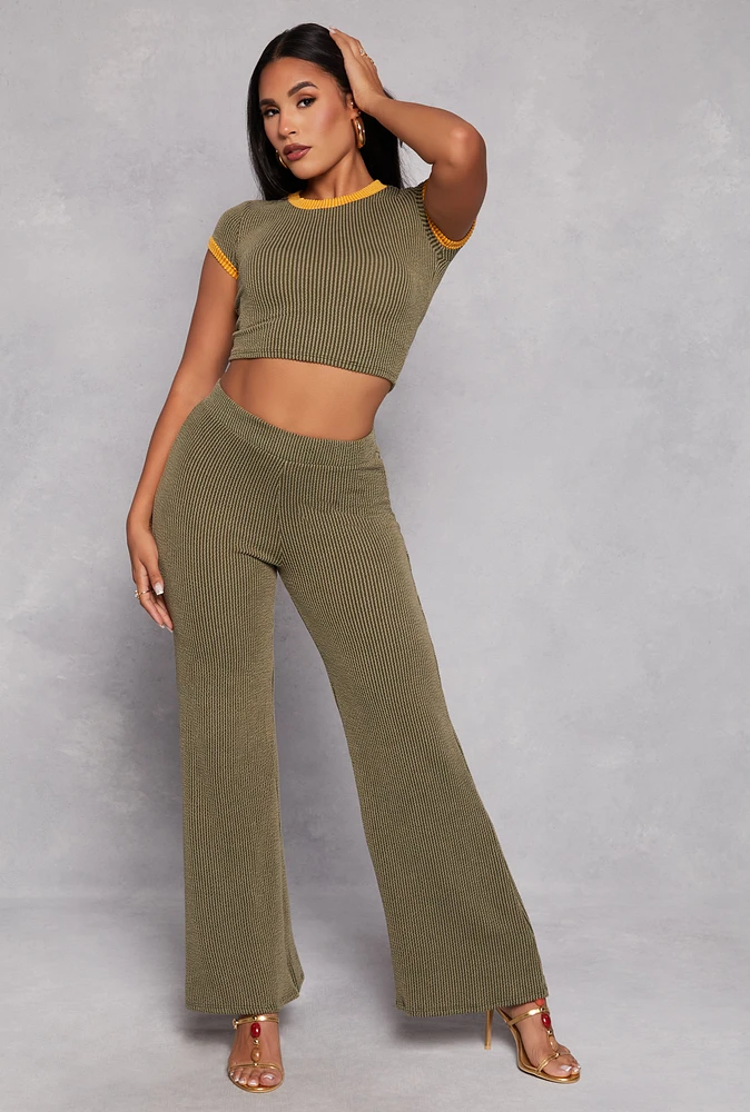 Womens High Waist Ribbed Knit Wide Leg Pants, Green, Size M