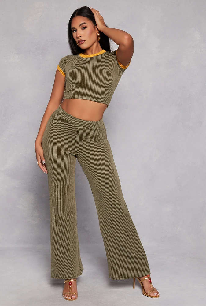 Womens High Waist Ribbed Knit Wide Leg Pants, Green, Size L