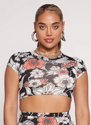 Womens Floral Print Short Sleeve Crop Top, S