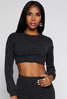 Womens Textured Brushed Knit Long Sleeve Crop Top, Black, Size XL