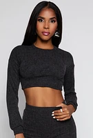 Womens Textured Brushed Knit Long Sleeve Crop Top,