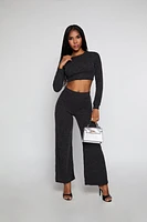 Womens Textured Brushed Knit Long Sleeve Crop Top,