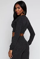 Womens Textured Brushed Knit Long Sleeve Crop Top,