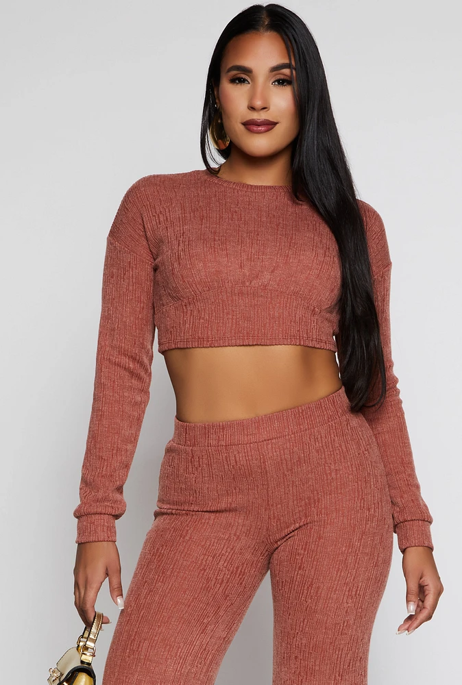 Womens Textured Brushed Knit Long Sleeve Crop Top, Brown, Size M