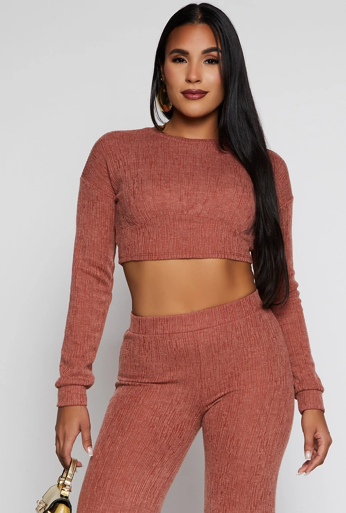 Womens Textured Brushed Knit Long Sleeve Crop Top, Brown, Size L
