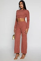 Womens Textured Brushed Knit Long Sleeve Crop Top, Brown, Size L