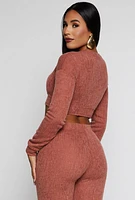 Womens Textured Brushed Knit Long Sleeve Crop Top, Brown, Size L