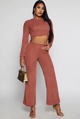 Womens Textured Brushed Knit Wide Leg Pants, L