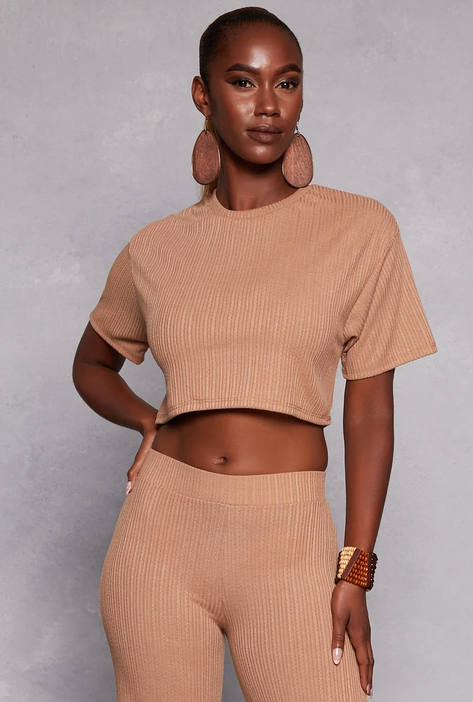 Womens Ribbed Knit Crew Neck Cropped Tee, Beige, Size M