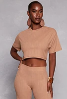 Womens Ribbed Knit Crew Neck Cropped Tee, Beige, Size M