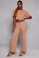 Womens Ribbed Knit Crew Neck Cropped Tee, Beige, Size M