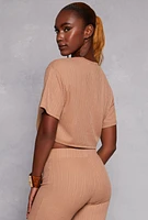 Womens Ribbed Knit Crew Neck Cropped Tee, Beige, Size M