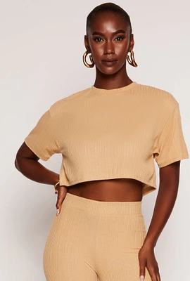 Womens Ribbed Knit Crew Neck Cropped Tee,