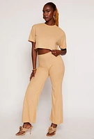 Womens Ribbed Knit Crew Neck Cropped Tee,