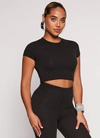 Womens Ribbed Crew Neck Cropped Tee, Black, Size S