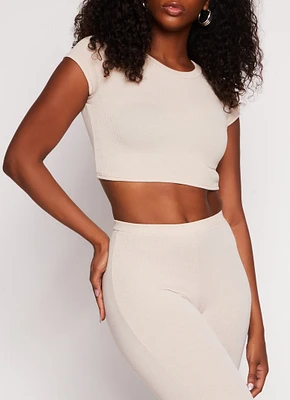 Womens Ribbed Crew Neck Cropped Tee, Beige, Size L