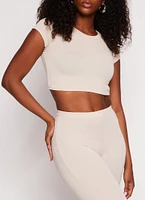 Womens Ribbed Crew Neck Cropped Tee, Beige, Size L