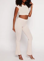 Womens Ribbed Crew Neck Cropped Tee, Beige, Size L