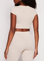 Womens Ribbed Crew Neck Cropped Tee, Beige, Size L