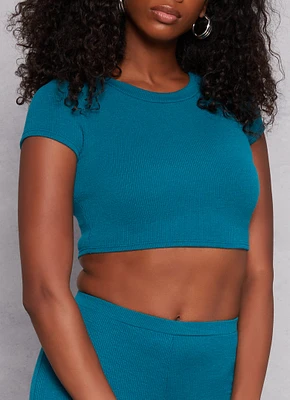 Womens Ribbed Crew Neck Cropped Tee, Blue, Size L