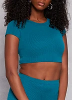 Womens Ribbed Crew Neck Cropped Tee, Blue, Size L