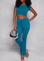 Womens Ribbed Crew Neck Cropped Tee, Blue, Size L