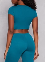Womens Ribbed Crew Neck Cropped Tee, Blue, Size L
