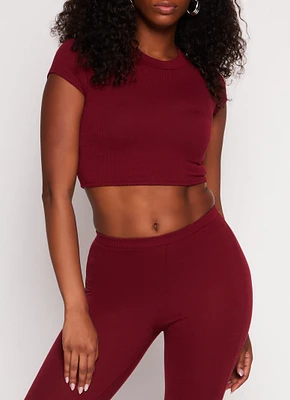 Womens Ribbed Crew Neck Cropped Tee, Burgundy,