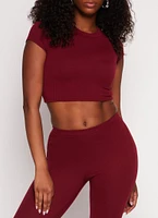 Womens Ribbed Crew Neck Cropped Tee, Burgundy,