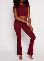 Womens Ribbed Crew Neck Cropped Tee, Burgundy,