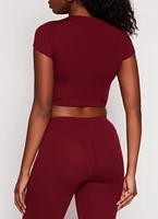 Womens Ribbed Crew Neck Cropped Tee, Burgundy, Size L