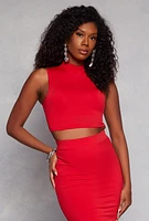 Womens Solid Mock Neck Cropped Tank Top, Red, Size L
