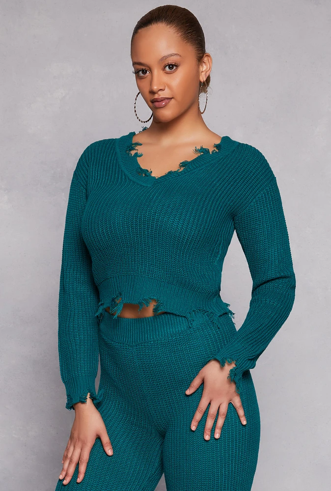 Womens Distressed Long Sleeve V Neck Sweater, Blue, Size L