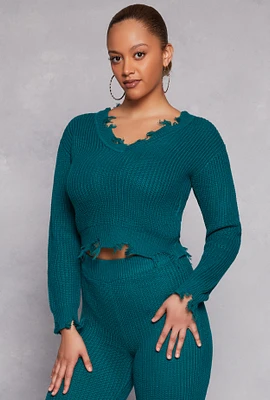 Womens Distressed Long Sleeve V Neck Sweater, Blue, Size L