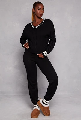Womens Brushed Knit Varsity Stripe Joggers, Black, Size M