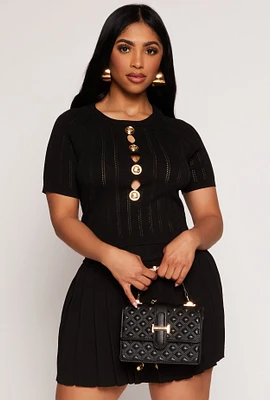 Womens Faux Button Detail Cut Out Top, Black, Size S