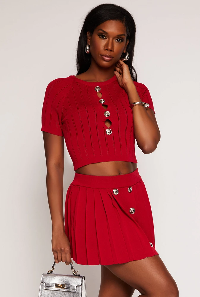 Womens Faux Button Detail Cut Out Top, Red, Size S