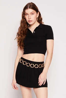 Womens Cropped Short Sleeve Polo Shirt, Black, Size L